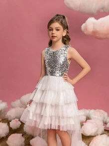 Tween Girls' Sleeveless Glittering Upper Dress With Layered Mesh Hem - Silver - View 2