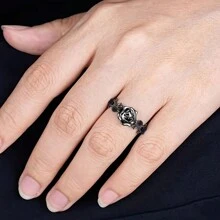 Fashion Ladies Gothic Black Rose Engagement Ring, Wedding Ring, Leaf Promise Ring, Natural Inspired Flower Ring Gift