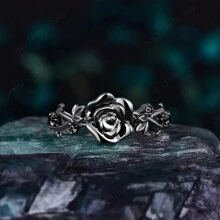 Fashion Ladies Gothic Black Rose Engagement Ring, Wedding Ring, Leaf Promise Ring, Natural Inspired Flower Ring Gift