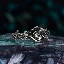 Fashion Ladies Gothic Black Rose Engagement Ring, Wedding Ring, Leaf Promise Ring, Natural Inspired Flower Ring Gift