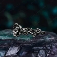 Fashion Ladies Gothic Black Rose Engagement Ring, Wedding Ring, Leaf Promise Ring, Natural Inspired Flower Ring Gift