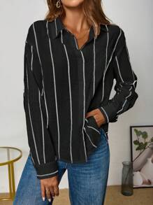 QIANZHIDU Women's Loose Vertical Striped Long Sleeve Casual Office Business Matching Windbreaker, Elegant And Mature, Autumn Shirt, Women's Elegant Shirt, Spring Women's Outfit, Women's Party Shirt, Women's Casual Shirt, Women's Shirt - Black - View 3