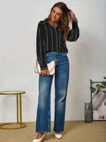 QIANZHIDU Women's Loose Vertical Striped Long Sleeve Casual Office Business Matching Windbreaker, Elegant And Mature, Autumn Shirt, Women's Elegant Shirt, Spring Women's Outfit, Women's Party Shirt, Women's Casual Shirt, Women's Shirt - Black - View 4