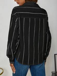 QIANZHIDU Women's Loose Vertical Striped Long Sleeve Casual Office Business Matching Windbreaker, Elegant And Mature, Autumn Shirt, Women's Elegant Shirt, Spring Women's Outfit, Women's Party Shirt, Women's Casual Shirt, Women's Shirt - Black - View 6