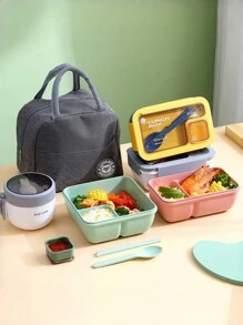 1 件套午餐盒套装（含餐具）、便当盒套装（燕麦杯、午餐便当盒、午餐袋）、方形隔层微波炉适用午餐盒、防漏食品容器、洗手液、返校、大学、学习用品、厨房收纳与整理、保温午餐袋