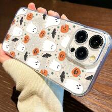 Cute White Ghost & Pumpkin Design Silicone Phone Case, Festive Atmosphere For Halloween, Suitable For Men & Women, Compatible With IPhone 15/15Pro/15ProMax/14/13/12/11/Xs MAX Series