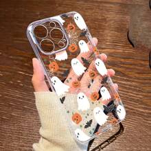 Cute White Ghost & Pumpkin Design Silicone Phone Case, Festive Atmosphere For Halloween, Suitable For Men & Women, Compatible With IPhone 15/15Pro/15ProMax/14/13/12/11/Xs MAX Series