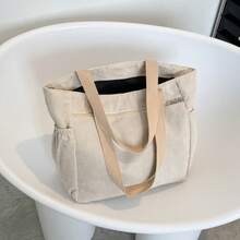 灯芯绒简约单肩手提包多口袋手提包、购物袋、学生背包、办公室公文包 - 米色 - 查看 6