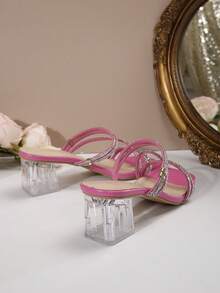 金色方头粗跟水钻高跟凉鞋，夏秋季时尚法式风格 - 玫紅色 - 查看 6