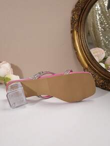 金色方头粗跟水钻高跟凉鞋，夏秋季时尚法式风格 - 玫紅色 - 查看 9