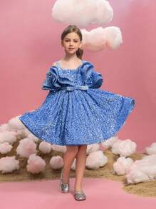 Tween Girls Long Sleeve Cutout Shoulder Ruffle & Sequin Embellished Party Dress - Blue - View 6