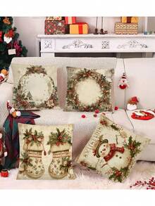 4 件装全新圣诞系列涤纶毛绒枕套沙发垫套 - 彩色 - 查看 3