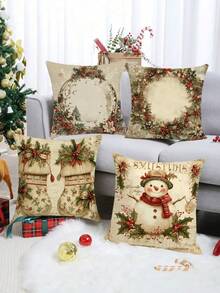 4 件装全新圣诞系列涤纶毛绒枕套沙发垫套 - 彩色 - 查看 1