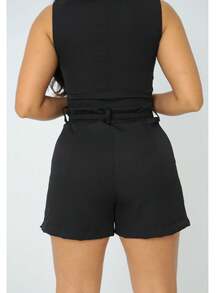 Women's Set Shorts And Vest With Belt In Premium Tailoring - 黑色 - 查看 3