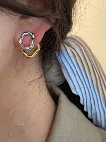 2pcs Fashionable Asymmetrical Double-Layered Hoop Earrings With Simple Gold & Silver Geometric Lines