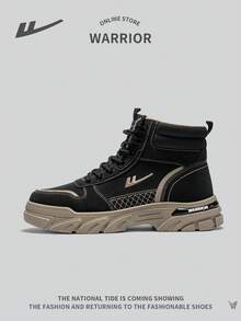 WARRIOR 男士户外系带皮革工装靴，防滑软底舒适复古时尚高帮靴 - 黑色 - 查看 1