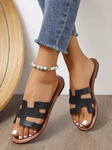 女士休闲平底拖鞋，夏季露趾沙滩凉鞋，春秋新款韩版平底罗马凉鞋，时尚搭配连衣裙和外出/海滩 - 黑色 - 查看 3