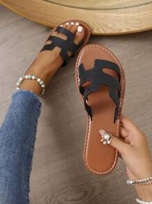 女士休闲平底拖鞋，夏季露趾沙滩凉鞋，春秋新款韩版平底罗马凉鞋，时尚搭配连衣裙和外出/海滩 - 黑色 - 查看 2