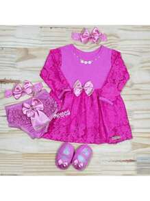 Vestido Longo Vermelho Natal Infantil 0 a 6 Meses Conjunto Feminino 4 Peças Roupa Bebe Rendinha Recem Nascido Verão Branco - Pink - Visão 3