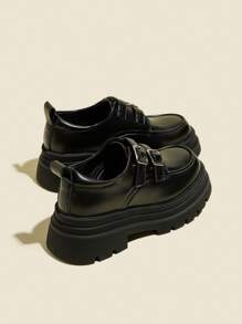 Women's Black Thick Heel High Heels With Platform, Patent Leather Office Loafers Shoes With Buckle
