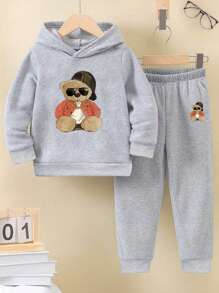 Bộ 2 chiếc Tween Boy Áo hoodie và quần dài in họa tiết lông cừu, mùa thu/Xuân/Đông - Xám - Xem 1