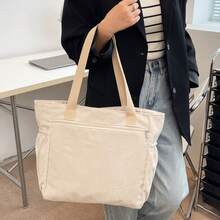 灯芯绒简约单肩手提包多口袋手提包、购物袋、学生背包、办公室公文包 - 米色 - 查看 2