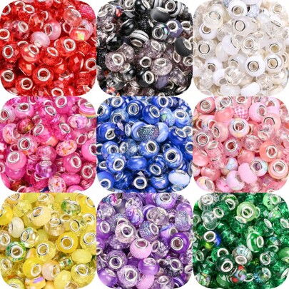 30pcs 9*14mm 9 Style Assortment Colorful Mixed Resin European Large Hole Beads Spacer Beads Rhinestone Craft Beads For DIY Charms Necklace Bracelet Jewelry Making Pen Bead