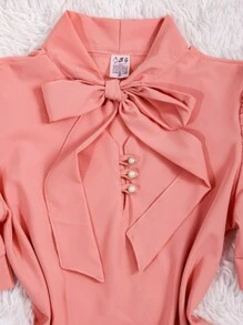 Women's Short Sleeve Puffed Blouse With Bow No. 8 - Pink - View 3