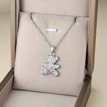 1 chiếc vòng cổ cho phụ nữ - Vòng cổ mặt gấu trái tim Zirconia màu hồng, trang sức phong cách công sở dễ thương và quyến rũ - vòng cổ - Xem 5