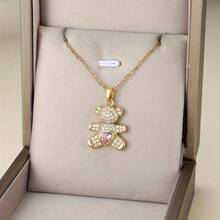 1 chiếc vòng cổ cho phụ nữ - Vòng cổ mặt gấu trái tim Zirconia màu hồng, trang sức phong cách công sở dễ thương và quyến rũ - vòng cổ - Xem 3