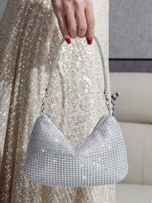 带水钻装饰的正式手拿包、手提包/手机钱包/口红盒、配套晚礼服、优雅的派对/活动单肩包、时尚迷你方形斜挎包 - 銀色 - 查看 2