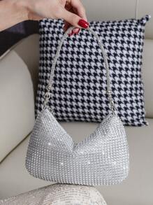 带水钻装饰的正式手拿包、手提包/手机钱包/口红盒、配套晚礼服、优雅的派对/活动单肩包、时尚迷你方形斜挎包 - 銀色 - 查看 1