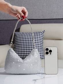 带水钻装饰的正式手拿包、手提包/手机钱包/口红盒、配套晚礼服、优雅的派对/活动单肩包、时尚迷你方形斜挎包 - 銀色 - 查看 6