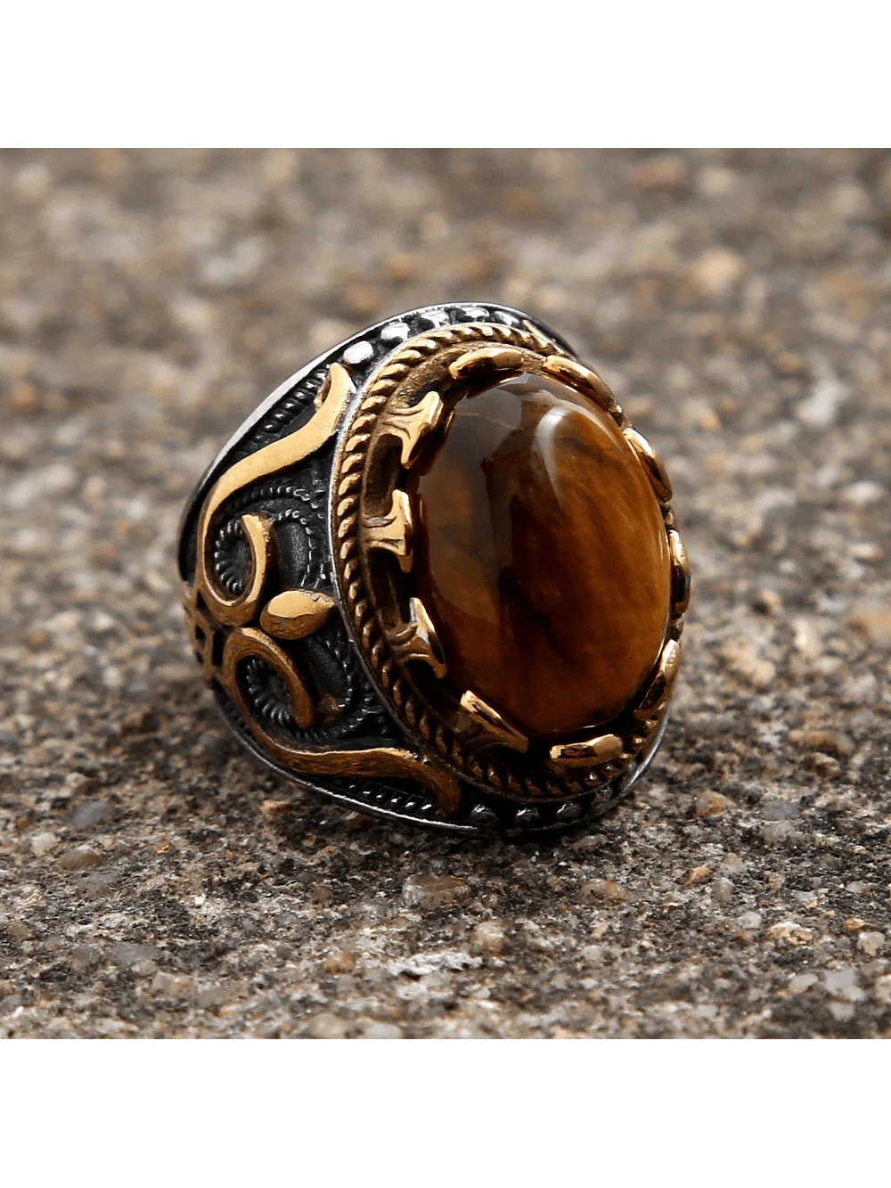 خاتم فضة عتيق بحجر عين النمر البني العتيق بنمط الطوطم الرجعي، إكسسوار رجالي عالي الجودة، منتج 2024 | لون: بني; مقاس: 7