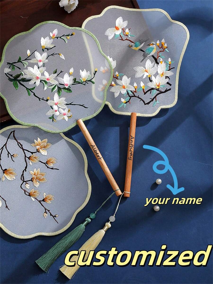 1 件定制绣花手扇，流苏绣花手扇，长柄带流苏，生日、重大节日的理想礼物，精美扇子 - 彩色 - 查看 1