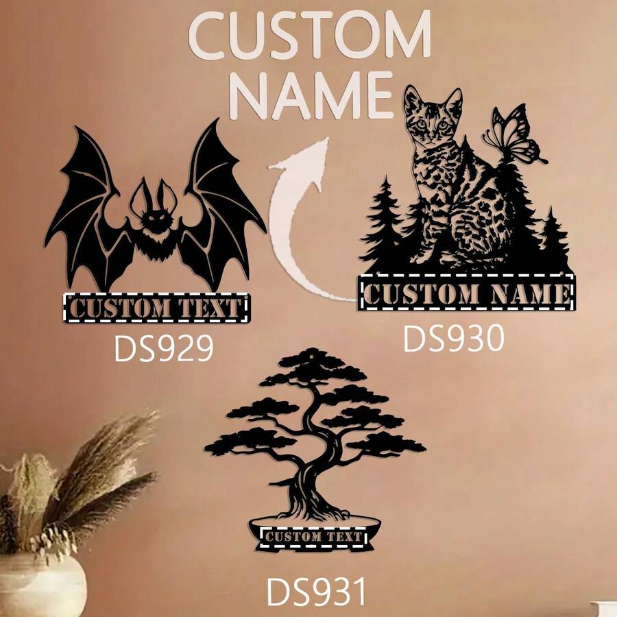 1pc Nghệ thuật treo tường bằng kim loại hình con dơi tùy chỉnh Biển tên con dơi Halloween Trang trí nhà Nghệ thuật treo tường bằng kim loại hình con mèo Bengal Nghệ thuật treo tường bằng kim loại cho vườn cây cảnh - màu đen - Xem 1