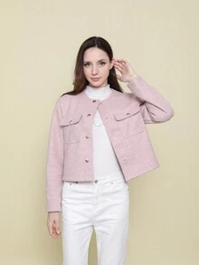 Áo khoác Bomber mềm mại có túi trang trí đơn giản sang trọng - Hồng - Xem 5