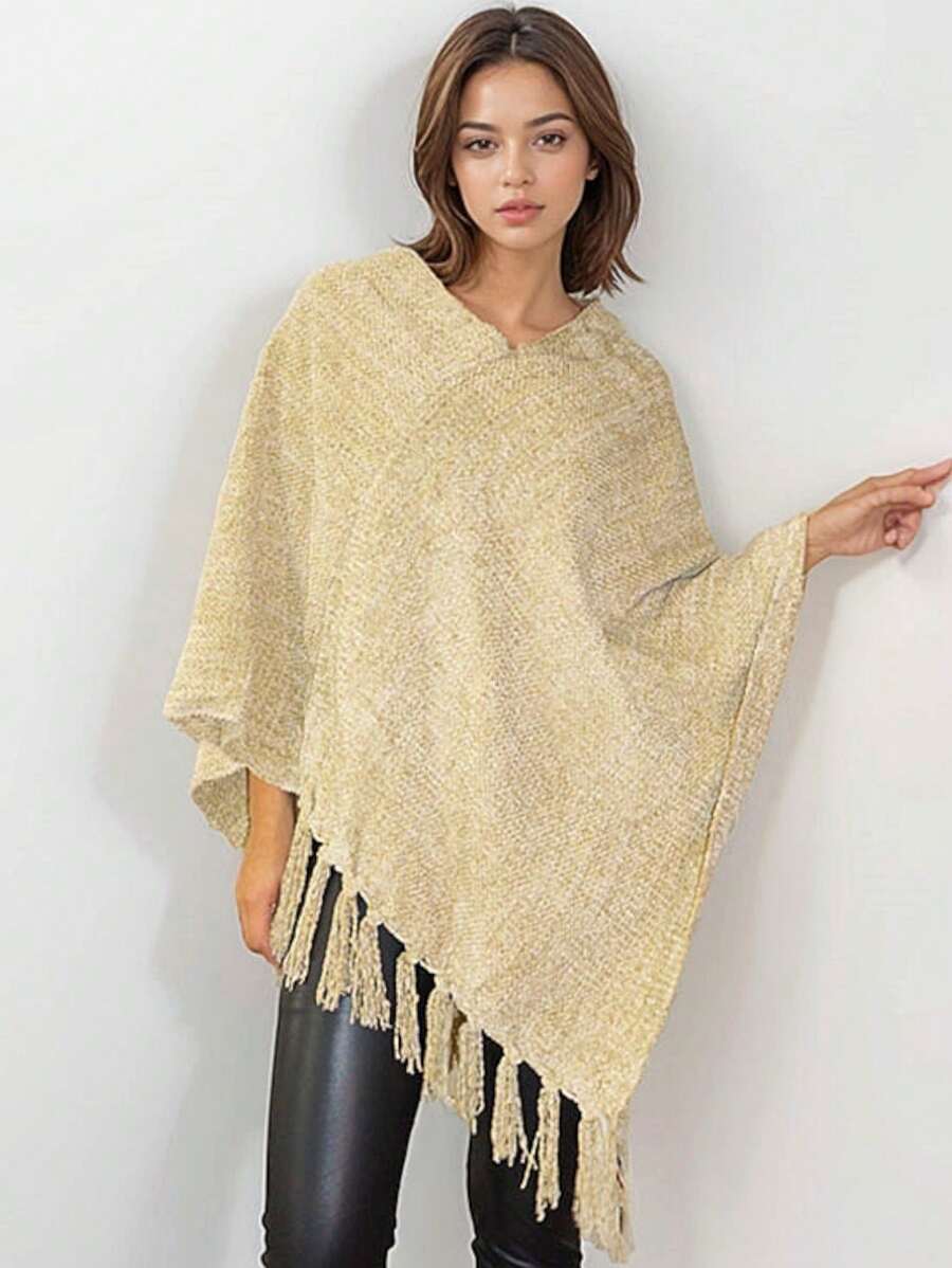 PONCHO de Mujer Tejido de Punto Chal Elegante para Primavera Otoño e Invierno - Beis - Ver 1