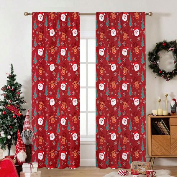 2 peças Vermelho Festivo Bonito Papai Noel Rena Padrão Impresso Loop Cortinas Blackout-Design de Bolso de Haste para Privacidade, Tecido, Fácil Cuidado Para Quarto, Sala de Estar, Banheiro e Outras Decorações Diárias