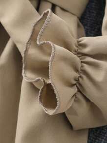 青少年女孩长袖领纯色连衣裙（配腰带和帽子） - 卡其色 - 查看 5