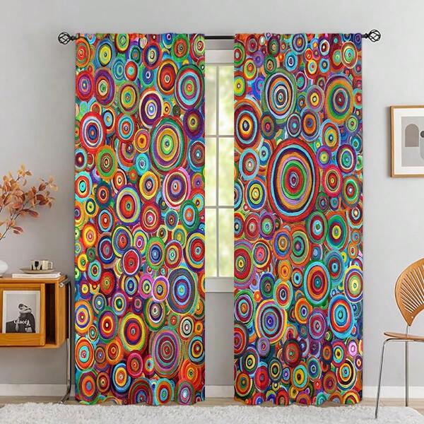 2pcs/Set, Boho Geometric Polka Dot Digital Printing Curtain Living Room Curtain,Blocking Curtain, Translucent Grommet Top Curtain Indoor Outdoor, Bedroom, Living Room Curtain Furniture Decoration Home Decor