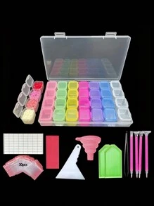1 Set 28-Grids Diamond Painting Storage Box - Organized Container With Funnel, Stickers, Pen And Embroidery Accessories, For Diamond Painting