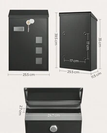 SONGMICS Modern Wall Mounted Post Box With Viewing Windows, Nameplate, Lock With Copper Core, Easy To Install, Black - Black - View 7