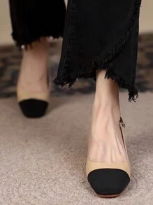 2024年新款，秋季，百搭，优雅，端庄，黑色和杏色撞色设计，粗跟，后跟，女鞋 - 杏色 - 查看 3