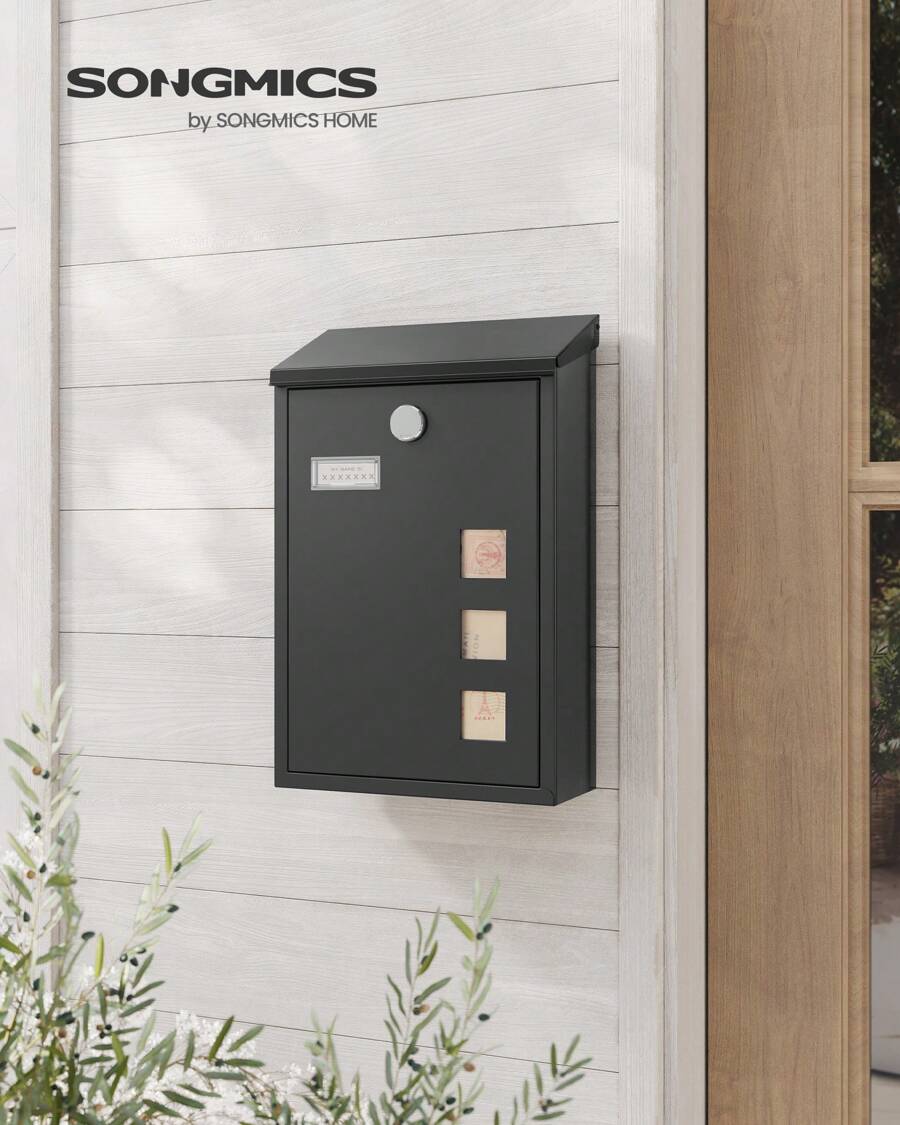 SONGMICS Modern Wall Mounted Post Box With Viewing Windows, Nameplate, Lock With Copper Core, Easy To Install, Black - Black - View 1