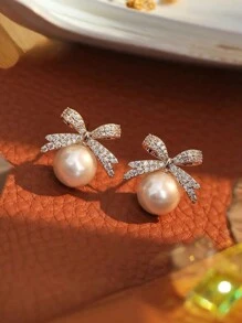 1pair Vintage Crystal & Pearl Bow Decor Earrings For Girl, Suitable For Daily And Party Wear, Autumn/Winter - Multicolor - View 4