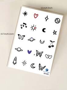 1 件简约卡通 Y2K 新月、蝴蝶、爱心、音符临时纹身贴纸，适用于手指、耳朵、肩膀、颈部、锁骨、身体 - 彩色 - 查看 8