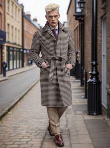 Áo khoác len Houndstooth Thu/Đông cho nam, dài vừa phải, phong cách Anh, thường ngày, thắt lưng, cài một hàng khuy - Màu Khaki - Xem 3