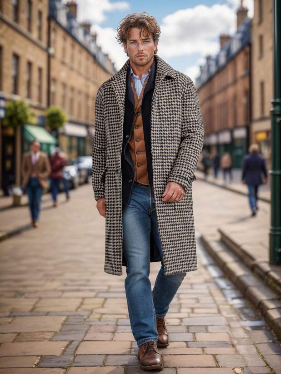 Áo khoác len Houndstooth Thu/Đông cho nam, dài vừa phải, phong cách Anh, thường ngày, thắt lưng, cài một hàng khuy - Màu Khaki - Xem 1