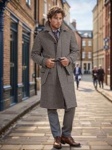 Áo khoác len Houndstooth Thu/Đông cho nam, dài vừa phải, phong cách Anh, thường ngày, thắt lưng, cài một hàng khuy - Màu Khaki - Xem 2